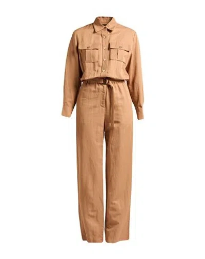 Maje Woman Jumpsuit Camel Size 10 Viscose, Linen, Cotton