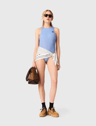 Maje Woman's Polyamide Striped Bodysuit For Spring/summer In Blue