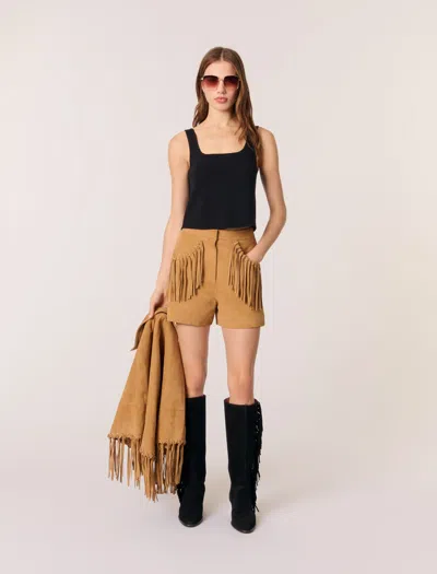 Maje Fringed Nubuck Shorts In Beige