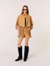 Maje Short Nubuck Fringed Coat In Beige