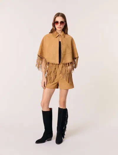 Maje Short Nubuck Fringed Coat In Beige