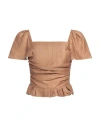Maje Shirred Crinkled Linen-blend Top In Brown