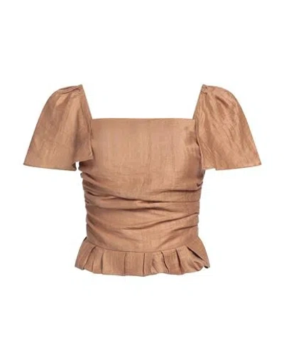 Maje Shirred Crinkled Linen-blend Top In Hellbraun