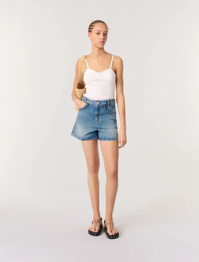 Maje Womens Bleus Braided-trim Faded-wash Denim Shorts In White