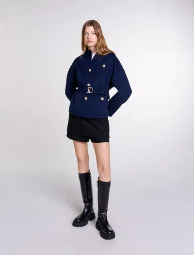 Maje Belted Short Wool Coat In Navy