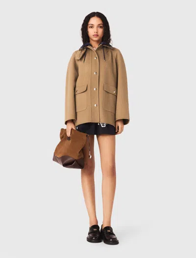 Maje Wool Coat With Removable Hood In Brown