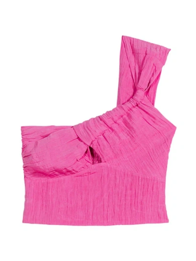Maje Womens Roses Asymmetric-neck Shirred-back Woven Top In Fuchsia Pink