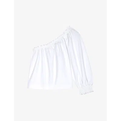 Maje Womens Blanc Asymmetric Gathered Cotton Top