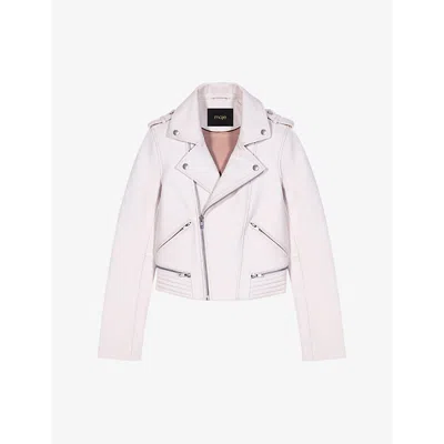 Maje Womens Blanc Biker-collar Slim-fit Cropped Leather Jacket
