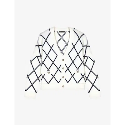 MAJE WOMENS BLANC DIAMOND-PATTERN V-NECK KNITTED CARDIGAN