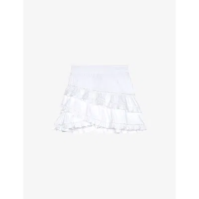 Maje Womens Blanc Lace-embroidered Ruffle-trim Cotton Mini Skirt