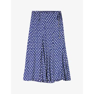 Maje Womens Bleus Floral-print Split-hem Woven Midi Skirt