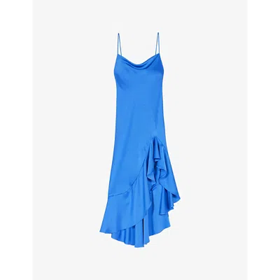 Maje Womens Bleus Ruffle-trim Asymmetric-hem Satin Midi Dress