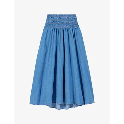 Maje Womens Bleus Smocked-waist High-rise Denim Midi Skirt In Bleu Jean