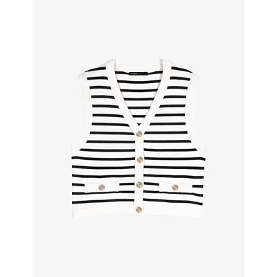 MAJE WOMENS BLEUS V-NECK SLEEVELESS STRIPED STRETCH-KNIT CARDIGAN