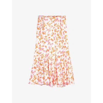 Maje Womens Multicolor Floral-pattern Chain-belt Satin Midi Skirt