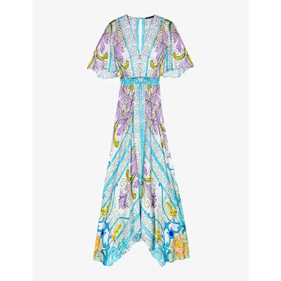 Maje Womens Multicolor Mozaic-patterned Asymmetric Satin Maxi Dress
