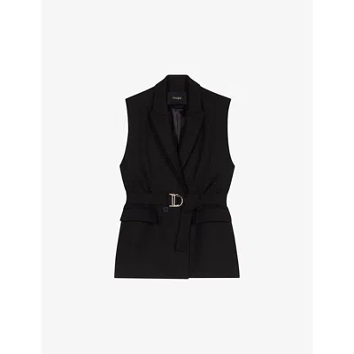 Maje Womens  Belted-waist Double-breasted Sleeveless Stretch-woven Blazer In Noir / Gris