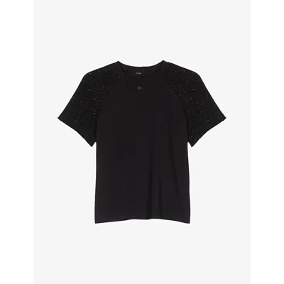 Maje Womens Noir / Gris Contrast-sleeve Cotton T-shirt