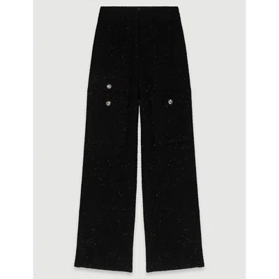 Maje Womens Noir / Gris High-rise Flared-leg Tweed Cotton-blend Trousers