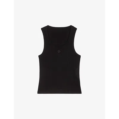 Maje Womens Noir / Gris Logo-embroidered Ribbed Stretch-cotton Vest