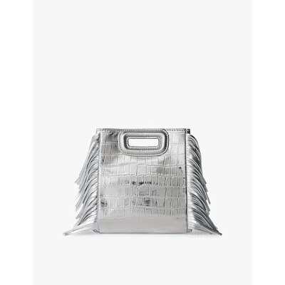 Maje Croc Metallic Leather Mini Shoulder Bag In Silver