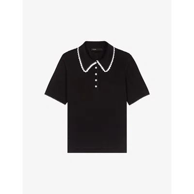 Maje Crochet-trim Knitted Polo Top In Noir / Gris