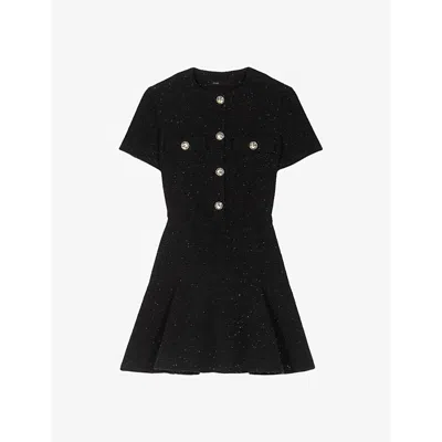 Maje Womens Noir / Gris Round-neck Short-sleeved Tweed Mini Dress