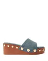 Maje Denim Studded Wedge Mules In Neutral