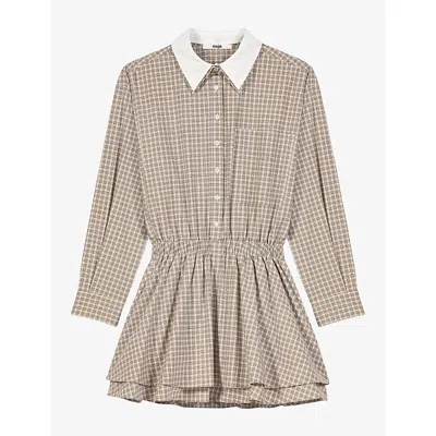 Maje Womens Beige Checked Rhinestone-embellished Cotton Mini Dress In Brown