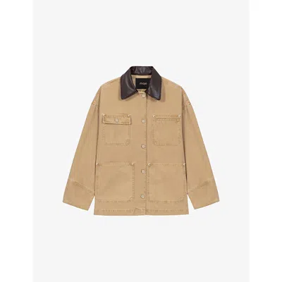 Maje Womens Beige Collared Pleated-back Denim Jacket In Nude