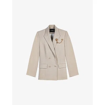 Maje Womens Beige Double-breasted Brooch-embellished Woven Blazer In Nude