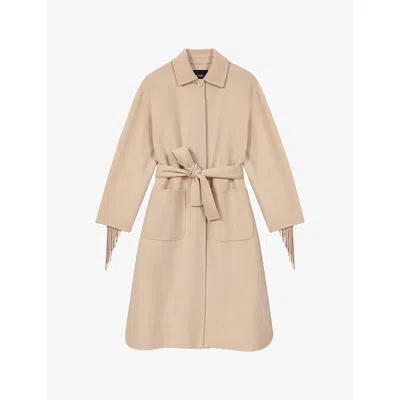 Maje Womens Beige Fringed Belted-waist Wool-blend Coat In Neutral