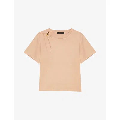 Maje Womens Beige Jewel-embellished Short-sleeve Cotton T-shirt