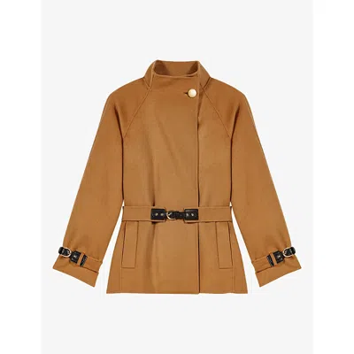 Maje Womens Belted Relaxed-fit Wool-blend Coat Camel In Brown