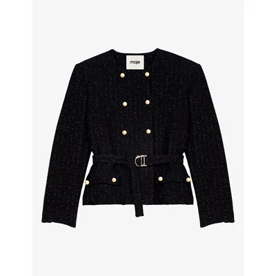 Maje Womens Belted-waist Double-breasted Woven Jacket Black