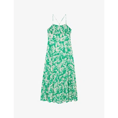 Maje Womens Bicolore Graphic-print Square-neck Woven Midi Dress