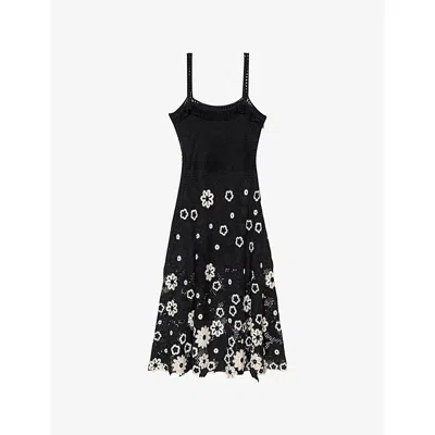 Maje Womens Bicolore Sleeveless Floral-pattern Cotton-crochet Midi Dress
