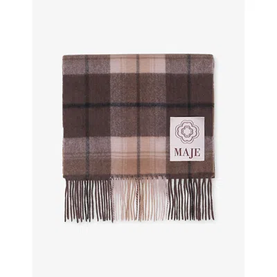 Maje Womens Big Brown Check Checked Wool And Cashmere Scarf