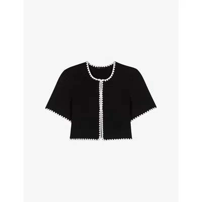 Maje Womens Black Contrast-stitched Cropped Knitted Cardigan