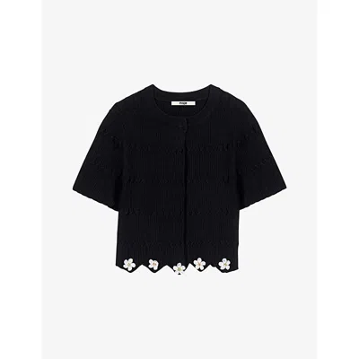 Maje Womens Black Cropped Jewelled-button Knitted Cardigan