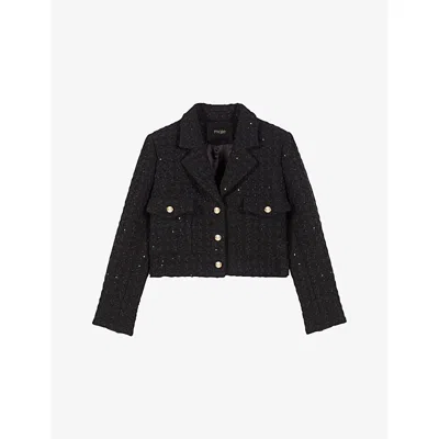 Maje Womens Black Cropped Sequin-embellished Tweed Jacket