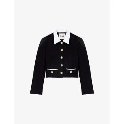 Maje Womens Black Cropped Tweed Cotton-blend Jacket
