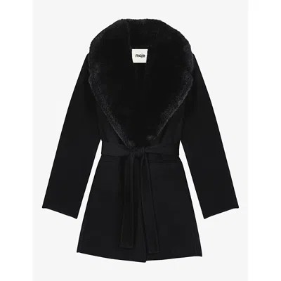 Maje Womens Black Faux-fur Collared Tie-waist Wool Coat