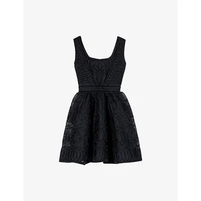 Maje Womens Black Floral-embroidered Square-neck Woven Mini Dress