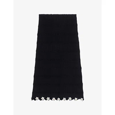 Maje Womens Black Jewelled-flower Scalloped-edge Knitted Midi Skirt