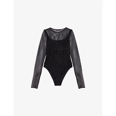 Maje Womens Black Long-sleeved Stretch-mesh Bodysuit