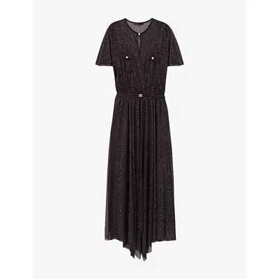 Maje Womens Black Metallic Belted-waist Woven Maxi Dress In Blue