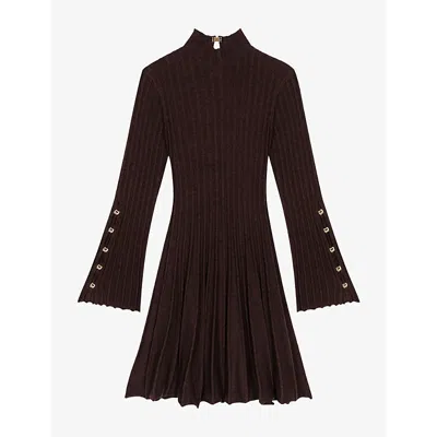 Maje Womens Black Pleated High-neck Stretch-knit Mini Dress In Brown