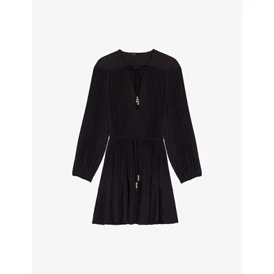 Maje Womens Black Pleated V-neck Woven Mini Dress
